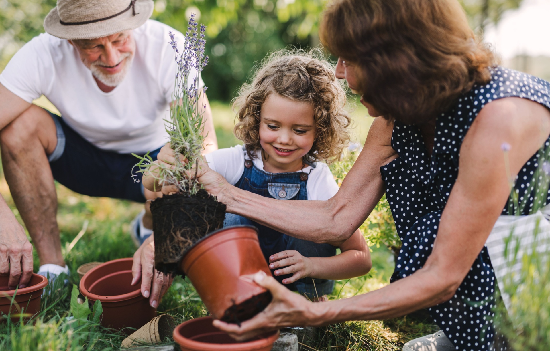 Grandparents gardening with their grandchild.