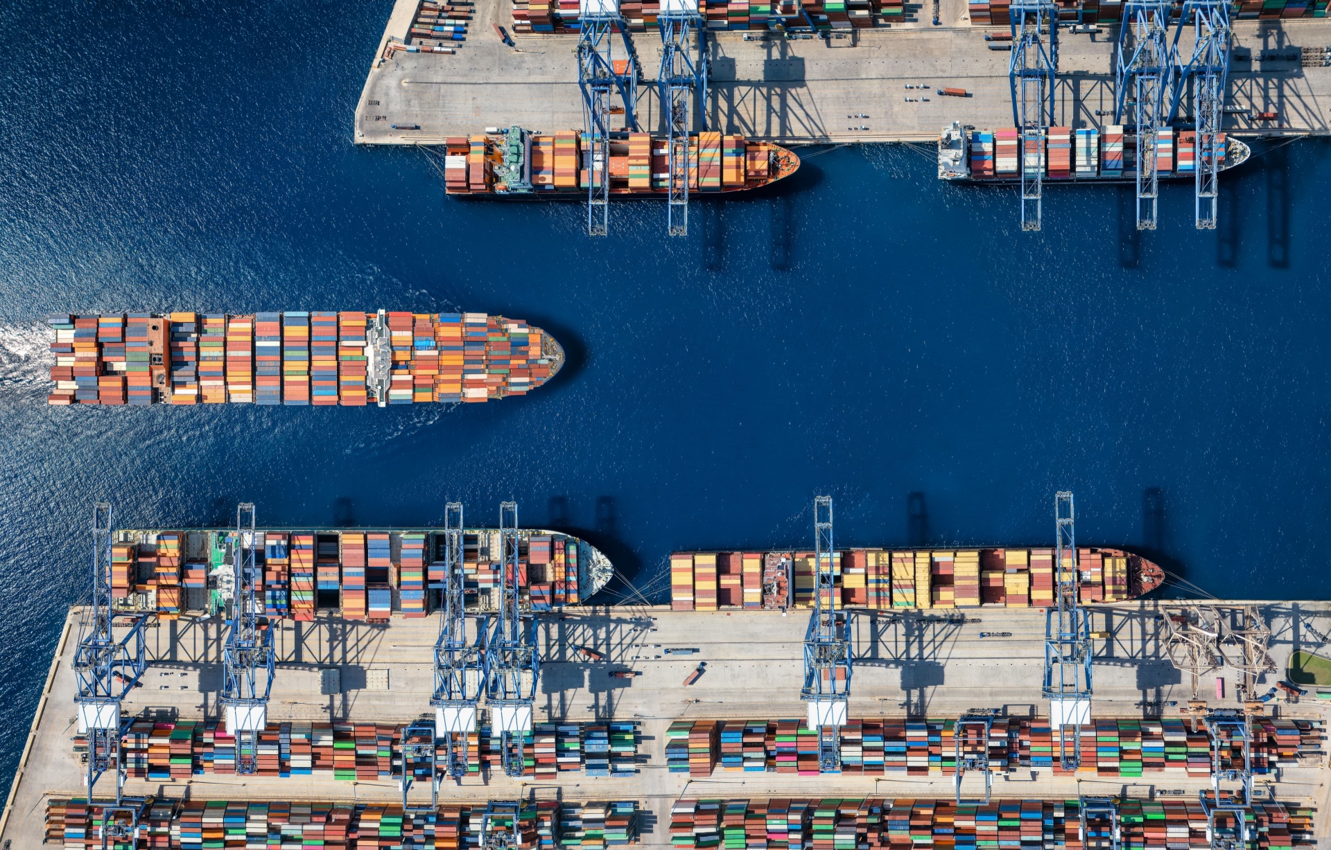 An aerial view of a cargo ship harbour.