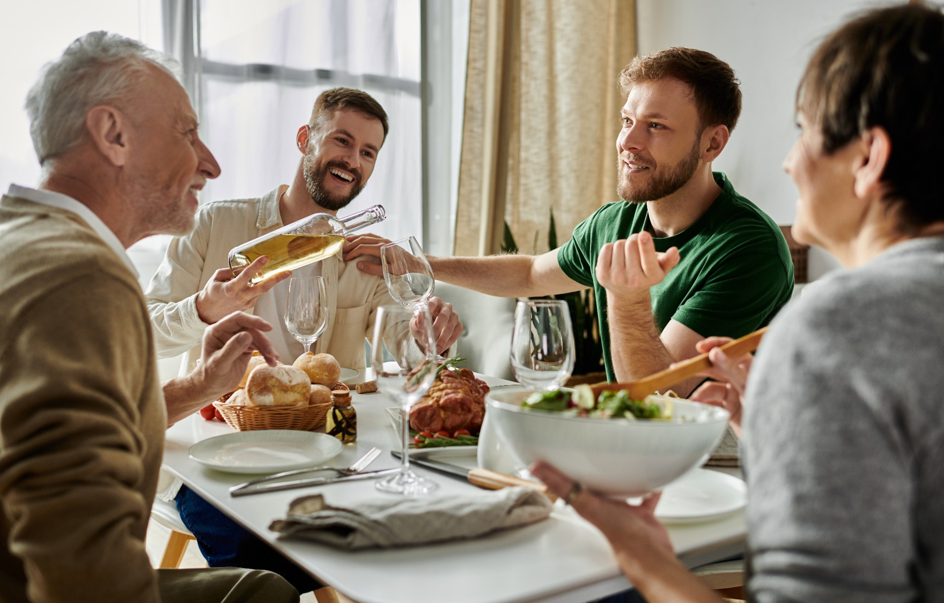 A family having dinner together.